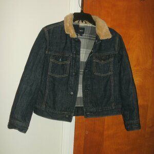Gap Kids Denim Trucker Jean Jacket Faux Fur Collar Flannel Lined Dark Wash ~ XL